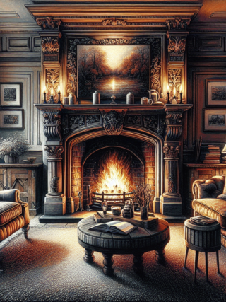 Illustration of a cozy living room with a fireplace emitting warmth