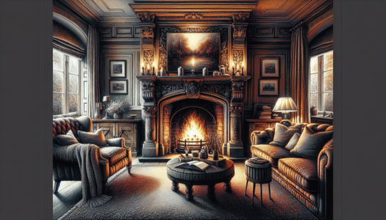 Illustration of a cozy living room with a fireplace emitting warmth