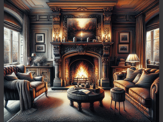 Illustration of a cozy living room with a fireplace emitting warmth