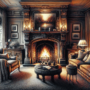 Illustration of a cozy living room with a fireplace emitting warmth